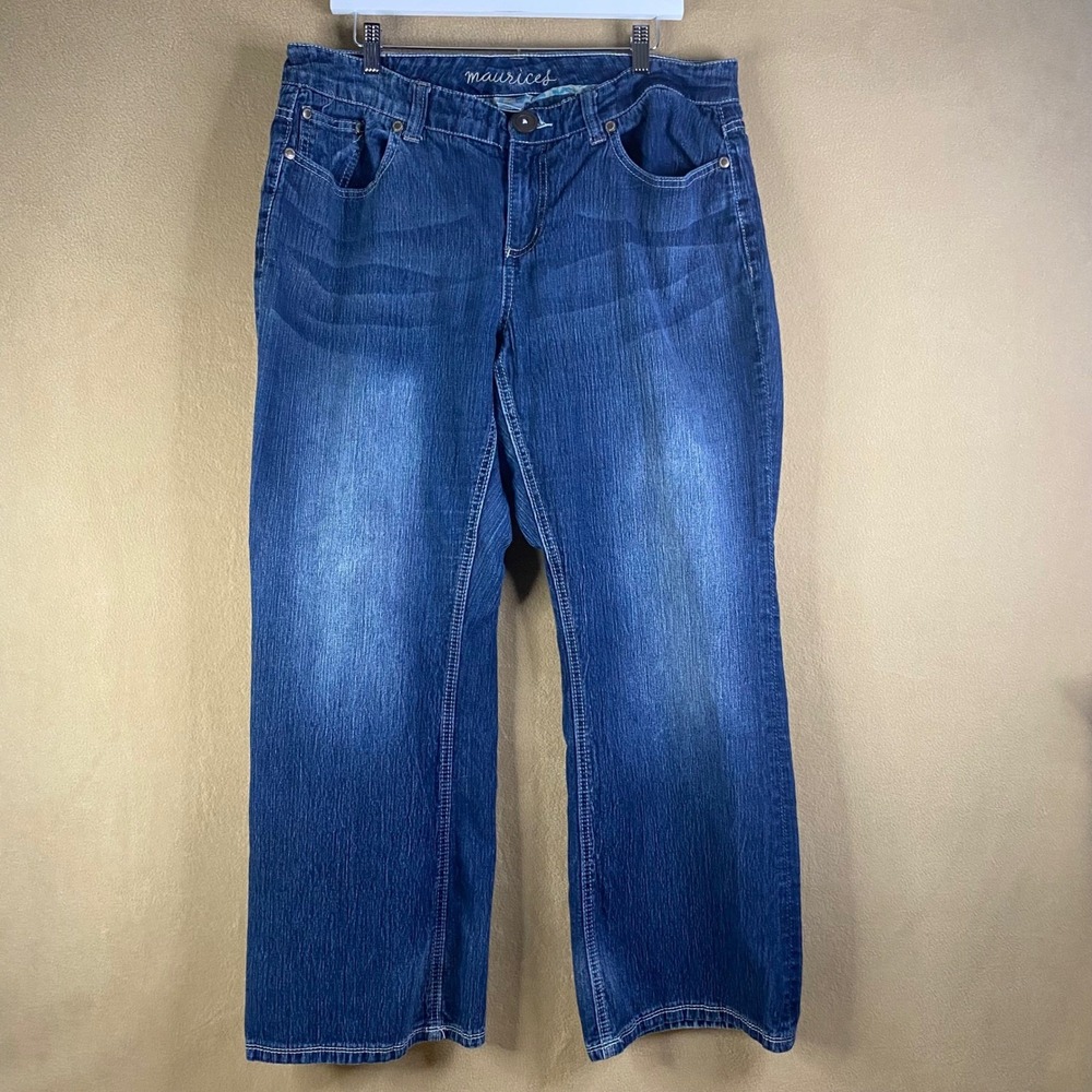 Maurice's Women's Blue Denim Jeans Bootcut Embroidered Pockets Sz 18 Short‎ EUC